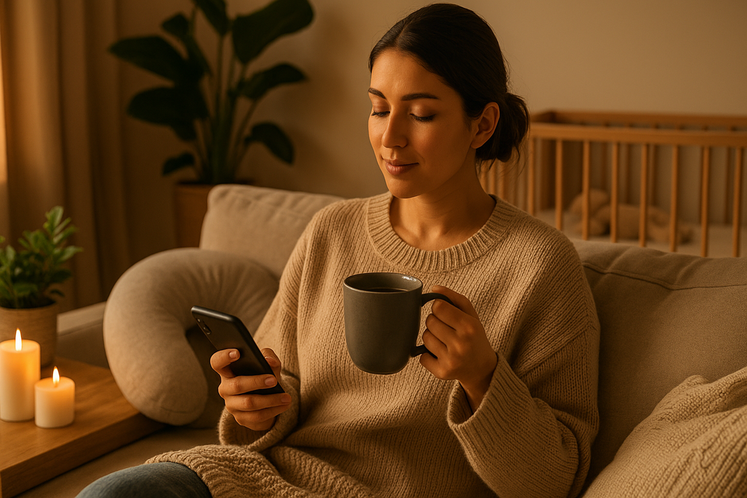 Eine junge Mutter sitzt entspannt in einem warmen, gemütlichen Interieur mit weichem Licht, hält eine Tasse Tee, umgeben von Kerzen, weichen Textilien und beruhigenden Elementen – symbolisch für Ruhe und Selbstfürsorge.