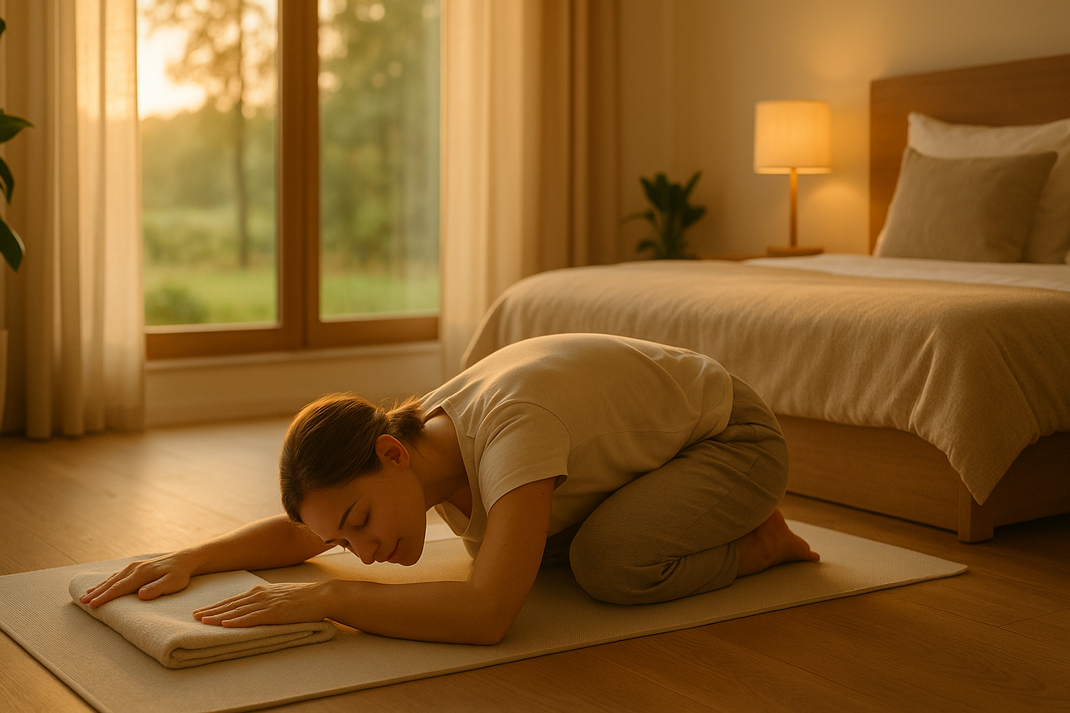 Frau entspannt in einer Yoga-Position auf einer Matte im Hotelzimmer – ruhige Auszeit während eines Aufenthalts im Parkhotel Schillerhain.