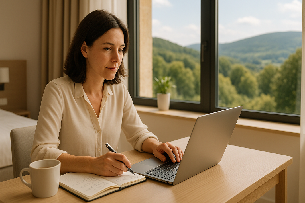 Frau sitzt an einem Tisch am Fenster und arbeitet mit Laptop und Notizbuch, neben ihr steht eine Tasse.