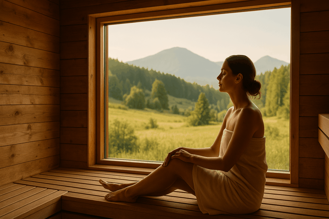 Besucher sitzt entspannt im Ruhebereich eines Wellness-Bauernhofs und blickt auf Berglandschaft und Wiesen