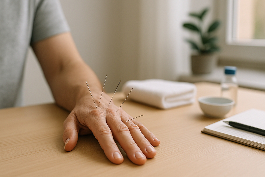 Hand mit mehreren eingesetzten Akupunkturnadeln auf einem Holztisch, im Hintergrund Handtuch, Schale und Notizbuch.
