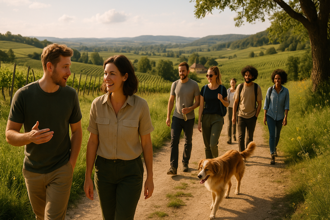 Gruppe von Gästen wandert auf einem Weg durch Weinberge und grüne Hügellandschaft, ein Hund läuft nebenher.