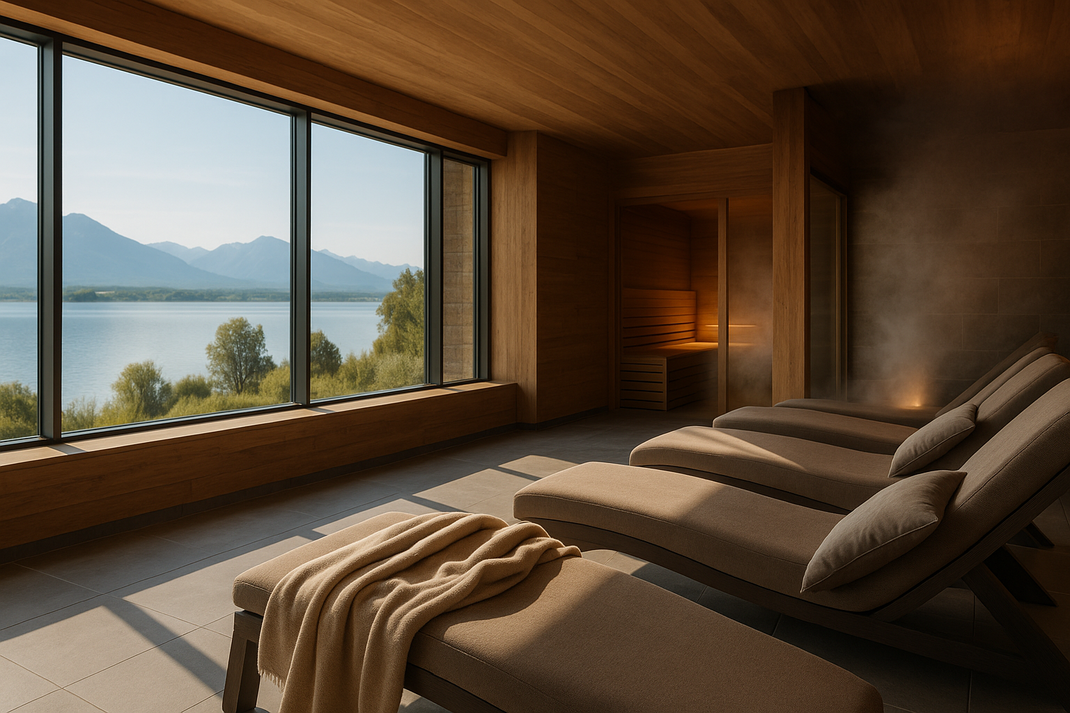 Moderner Ruheraum mit Liegen, Sauna und großen Fenstern mit Blick auf See und Berge.