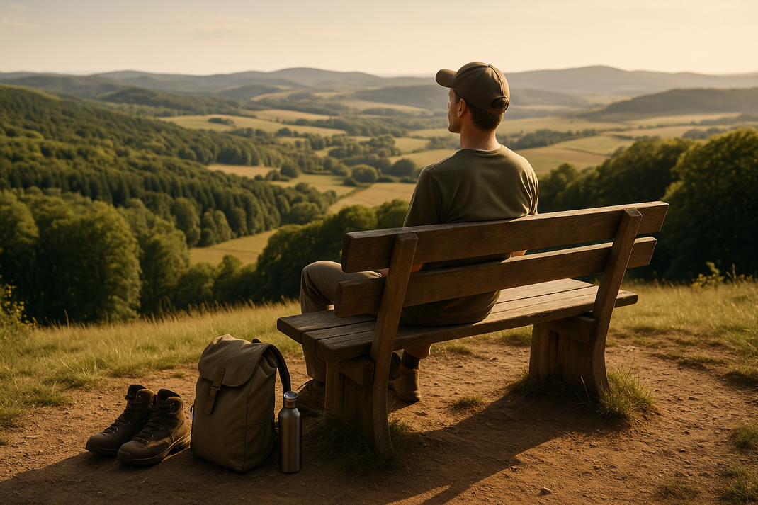 Wanderer sitzt auf einer Holzbank und blickt über die sanften Hügel der Pfalz – Auszeit in der Natur nahe dem Parkhotel Schillerhain.