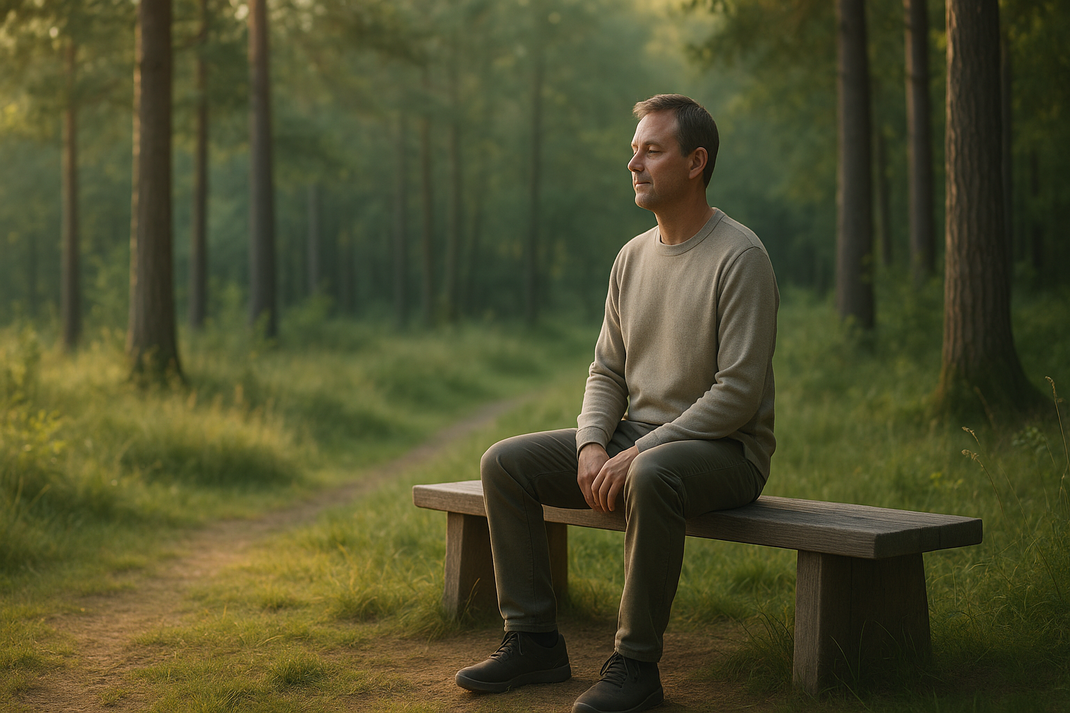 Mann sitzt ruhig auf einer Holzbank im Wald und blickt entspannt in die Natur entlang eines schmalen Waldwegs.