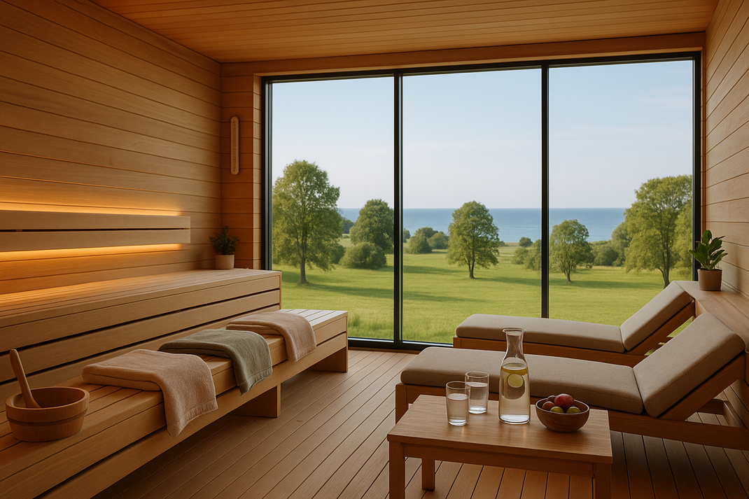 Innenraum einer Sauna mit Holzliegen und großem Fenster mit Blick auf eine grüne Landschaft und das Meer.