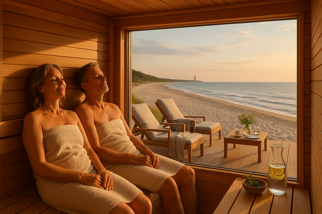 Paar entspannt in der Sauna mit Blick auf den Strand und das Meer bei warmem Abendlicht.