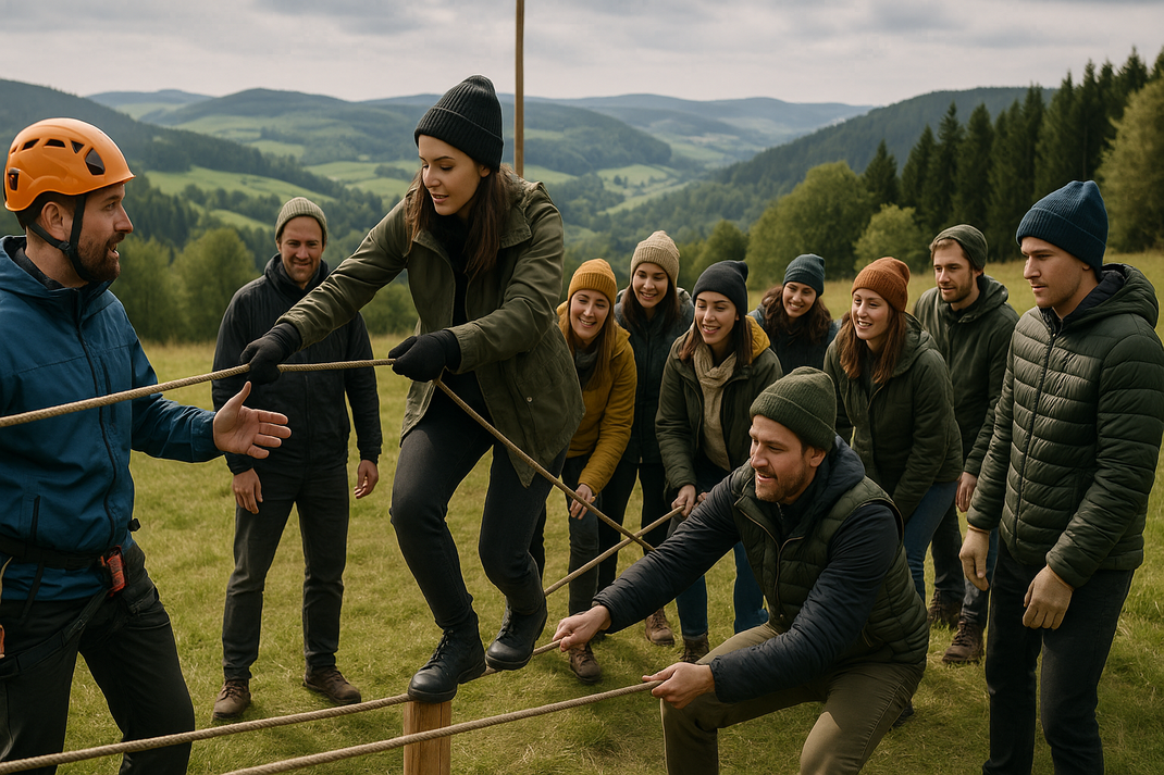 Teambuilding-Gruppe in Winterberger Berglandschaft bei Outdoor-Challenge mit professionellem Instruktor, Sicherheitsausrüstung und natürlichem Tageslicht in konzentrierter Atmosphäre