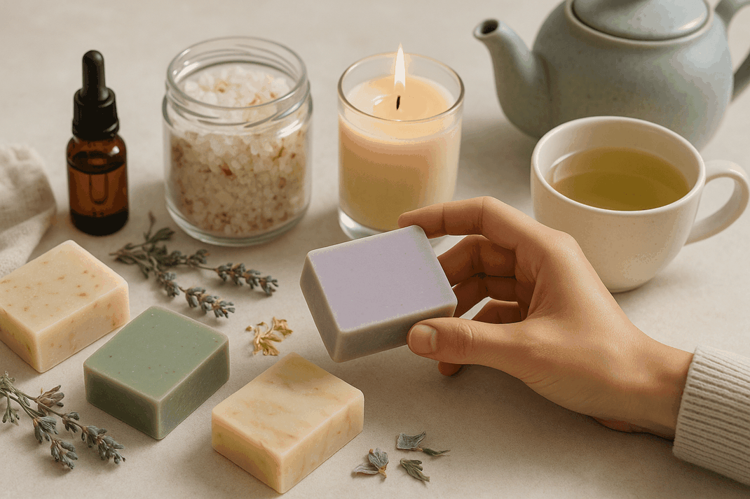 Verschiedene Wellness-Produkte wie Badesalz, Tee, Kerze und natürliche Seife sorgfältig auf heller Oberfläche arrangiert.