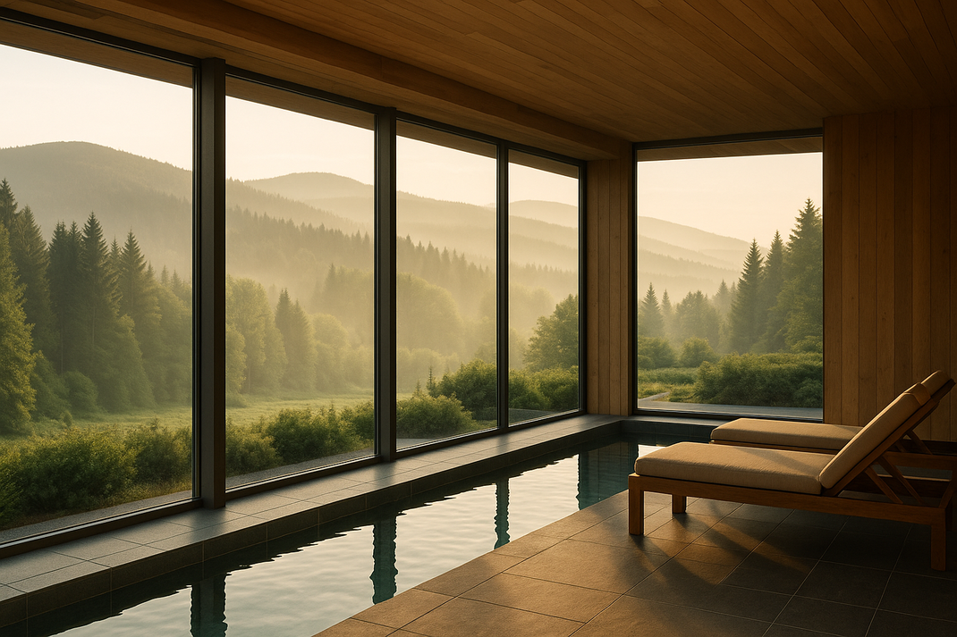 Innenpool in einem Wellnessbereich mit Liegen und großen Fenstern mit Blick auf neblige Waldlandschaft.