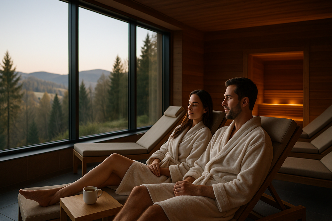 Paar in Bademänteln entspannt auf Liegen in einem Wellnessraum mit Sauna und Blick in die Natur.