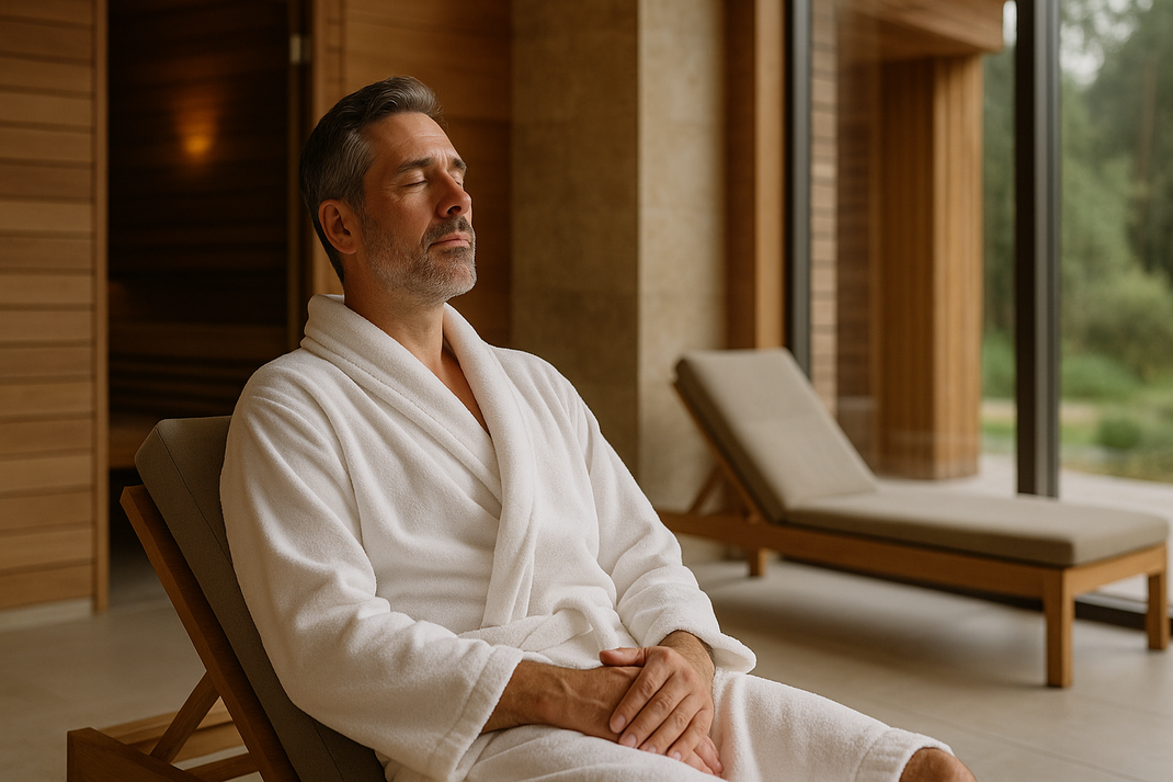 Mann sitzt im Bademantel entspannt auf einer Liege in einem Wellnessbereich mit Blick nach draußen.