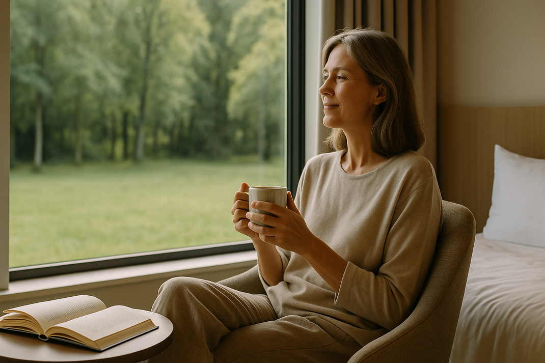 Frau sitzt am Fenster, hält eine Tasse in den Händen und blickt entspannt nach draußen, neben ihr liegt ein offenes Buch auf dem Tisch.
