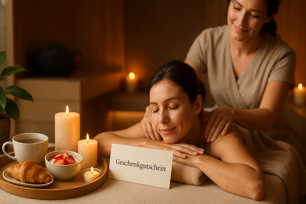 Eine Wellness- und Spa-Szene mit verschiedenen Elementen von Entspannung und Unterstützung: Person in professioneller Massage, Sauna-Elemente, Tee, warme Ruhezonen mit weichem Licht, Wellness-Gutschein symbolisch sichtbar.