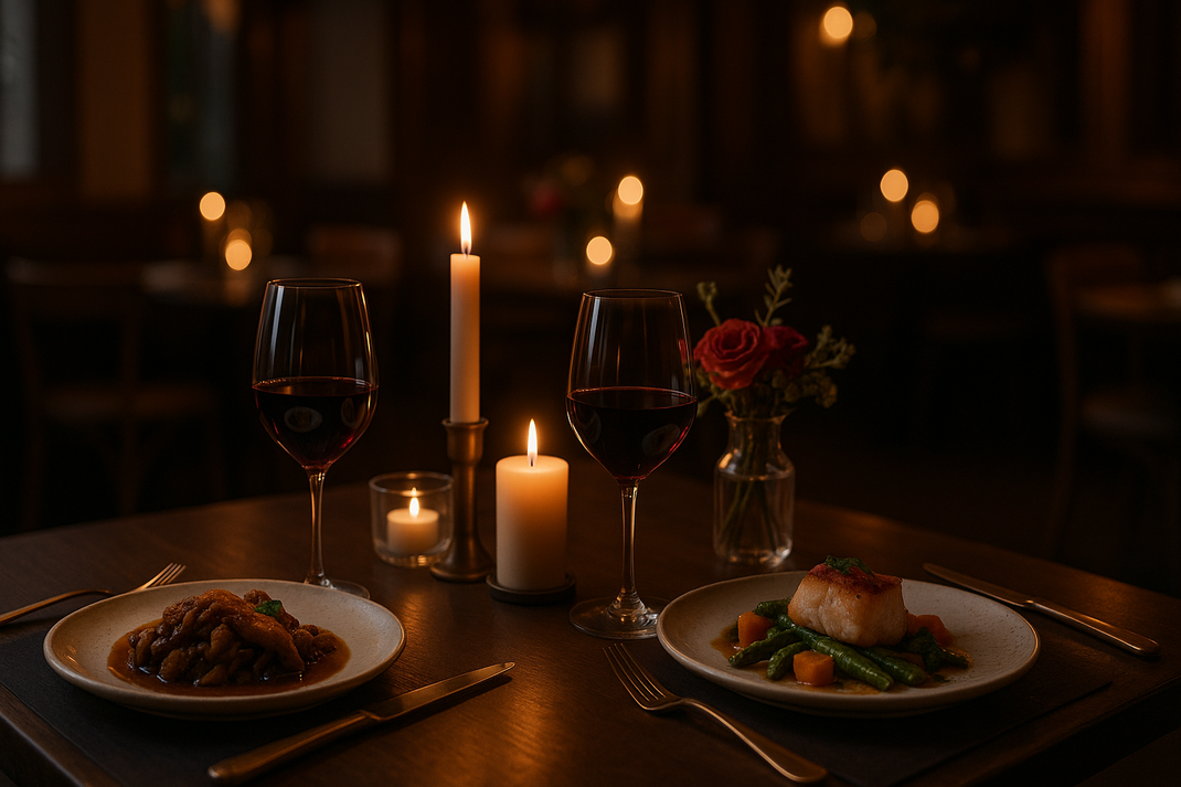 Gedeckter Tisch mit Valentinstags-Dinner zwei Weingläser Kerzen saisonale Speisen warme Beleuchtung elegantes Restaurant mit Holzelementen ohne Personen im Vordergrund