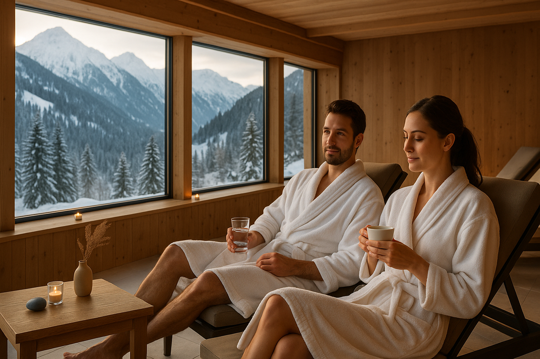 Entspanntes Paar in weißen Bademänteln sitzt am Fenster mit Bergblick, verschneite Winterlandschaft draußen, Teetassen auf Holztisch, warmes Licht durch große Glasfront, moderne Architektur mit Holzelementen, friedliche Wellnessatmosphäre