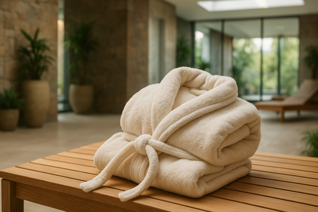 Zusammengelegter Bademantel liegt auf einer Holzbank in einem hellen Spa-Bereich.