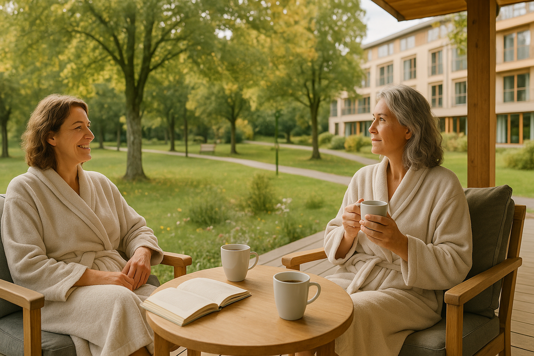 Zwei Frauen im Bademantel genießen Kaffee auf der Terrasse mit Blick ins Grüne – entspannter Wellnessurlaub im Parkhotel Schillerhain.