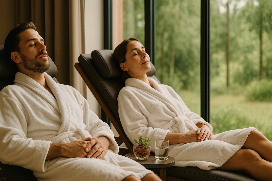 Paar im Bademantel entspannt auf Liegen in einem Wellnessraum mit großen Fenstern und Blick ins Grüne.