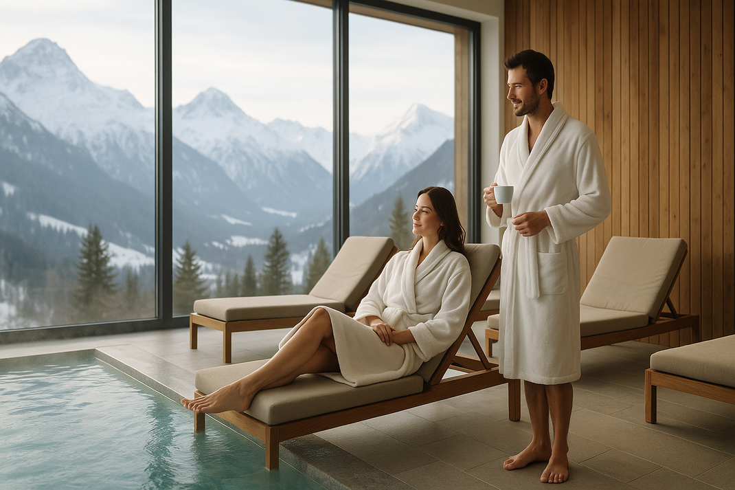 Zwei Personen in Bademänteln entspannen auf Liegen an einem Innenpool mit Blick auf verschneite Berge durch große Fenster.