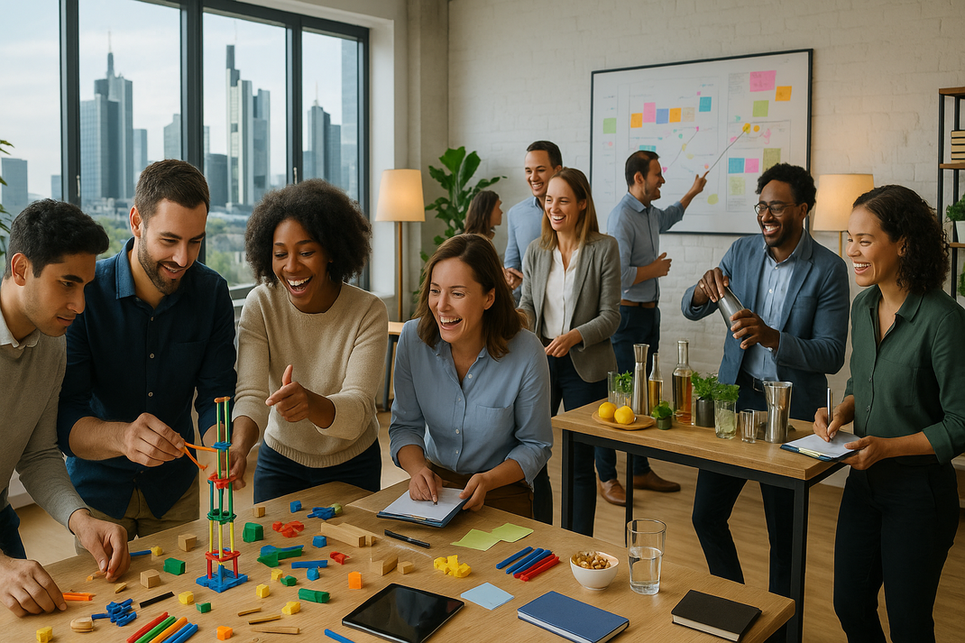 Gruppe von Kolleginnen und Kollegen beim Teamevent im modernen Büro, gemeinsam spielerische Teamaufgabe am Tisch.