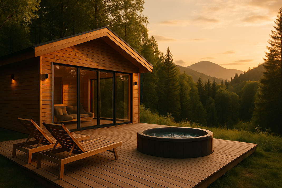 Modernes Holzhaus mit Terrasse, Liegen und rundem Whirlpool, umgeben von Waldlandschaft bei Sonnenuntergang.