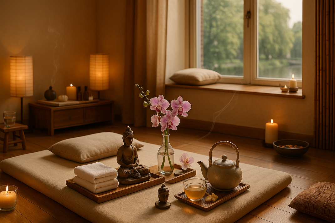 Ruhiger Wellnessraum mit Bodenkissen, Kerzenlicht, Buddha-Figur, Orchidee und Teeservice vor Fenster mit Blick ins Grüne