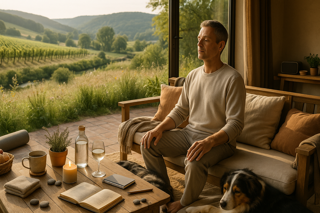 Mann meditiert auf Terrasse mit Blick auf Weinberge und Hügel, Kerze und Getränke auf dem Tisch, Hund liegt neben dem Sofa in ruhiger Abendstimmung.