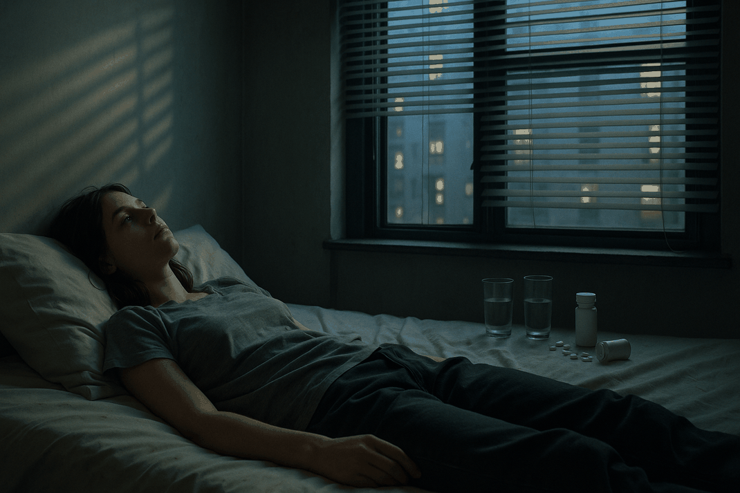 Junge Frau liegt auf spärlich möbliertem Bett in halbdunklem New-York-Apartment, Jalousien werfen Schatten, Bettwäsche fleckig, leere Gläser und Medikamentenflasche auf Nachttisch, Blick zur Decke, melancholische introspektive Stille, Grautöne und gedämpf