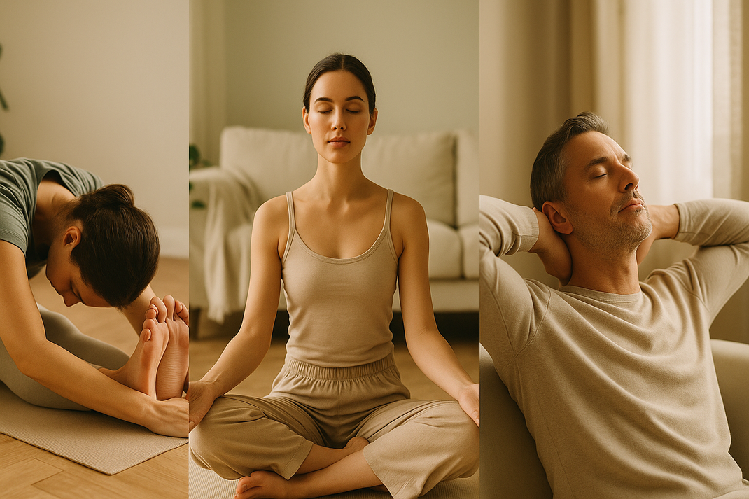 Verschiedene Entspannungsmethoden in natürlich beleuchteter Umgebung: Person beim Yoga-Stretching, beim ruhigen Atmen und bei Körperbewusstseinsübungen