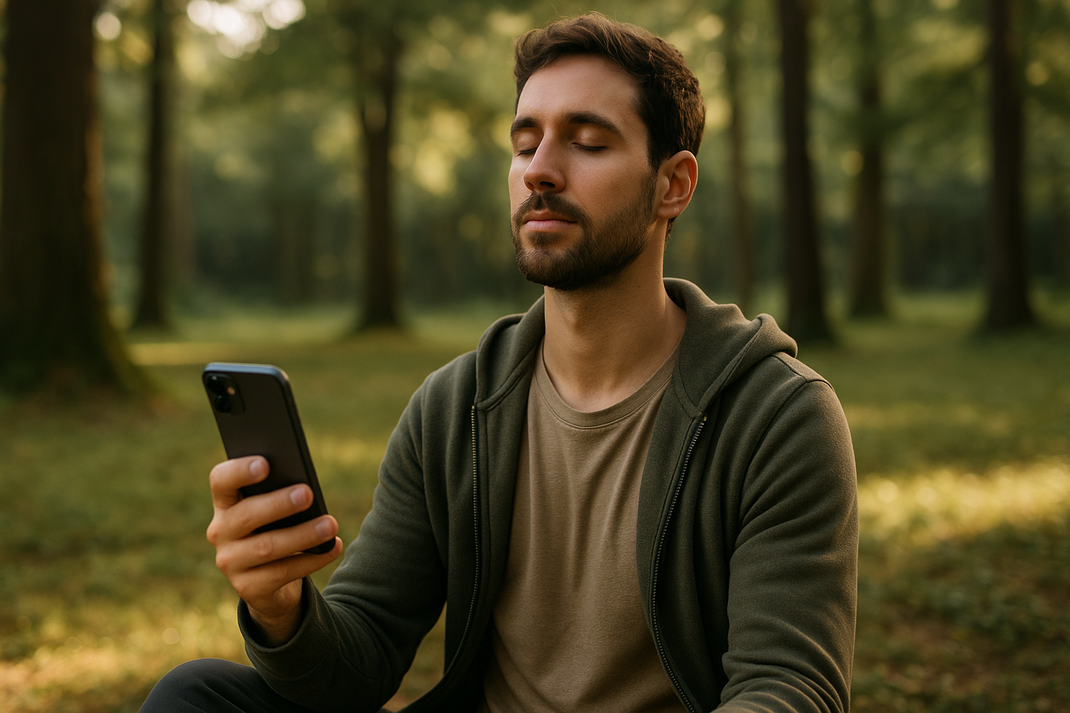 Mann sitzt im Wald mit geschlossenen Augen und hält ein Smartphone in der Hand.