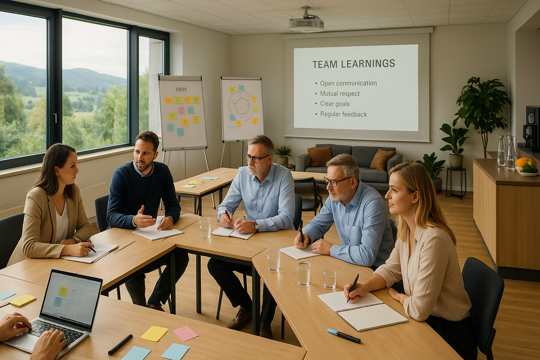 Professioneller Workshop-Raum mit Flipcharts, Beamer, U-Form-Bestuhlung, großen Fenstern mit Naturblick, Breakout-Bereich und Catering-Station für Teamreflexion