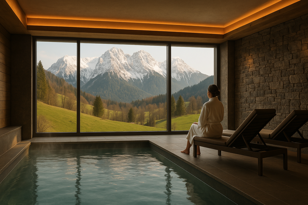 Innenpool mit Liegen und großer Fensterfront, vor der eine Frau im Bademantel sitzt und auf schneebedeckte Berge blickt.