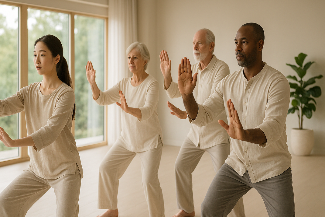 Gruppe von Menschen verschiedener Altersgruppen übt Tai Chi in hellem, ruhigem Raum mit natürlichem Licht, konzentrierte Bewegungen, friedliche und unterstützende Atmosphäre