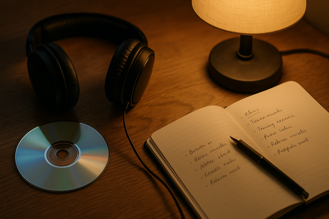 Kopfhörer, CD und Notizbuch mit Stift auf einem Tisch neben einer Lampe.