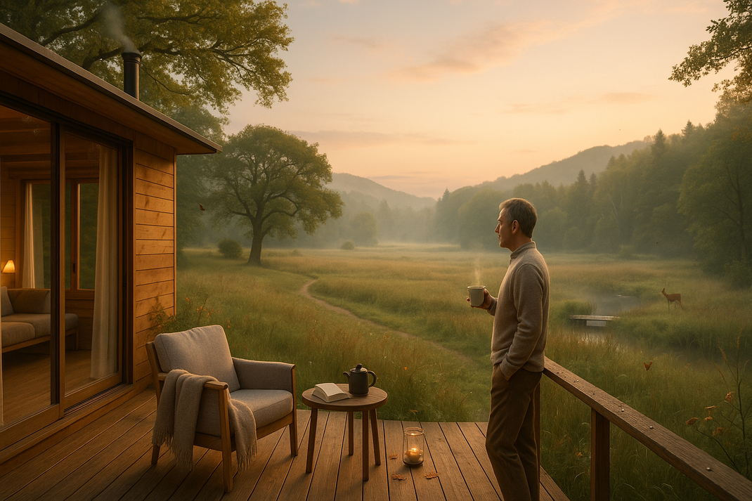 Mann steht auf einer Holzterrasse vor einem gemütlichen Chalet und blickt mit Tasse in der Hand über eine neblige Wiese und Waldhügel