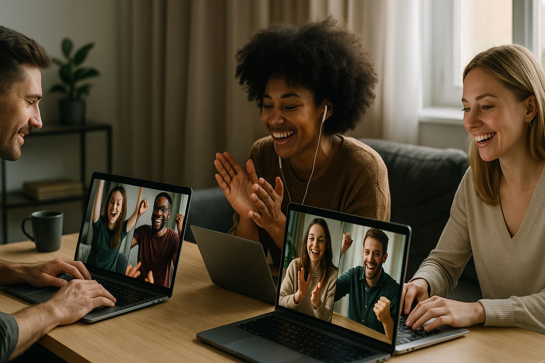 Ein Remote-Team sitzt an verschiedenen Orten im Homeoffice, verbunden über Videocall mit mehreren Bildschirmen. Gesichter zeigen Engagement und gemeinsamen Spaß während einer virtuellen Teamaktivität.