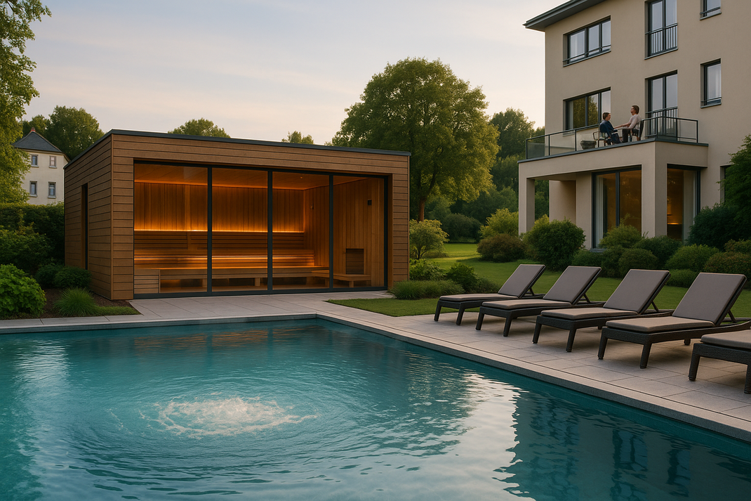 Außenpool mit Liegen neben modernem Gebäude und verglaster Sauna, Gartenanlage im Hintergrund.