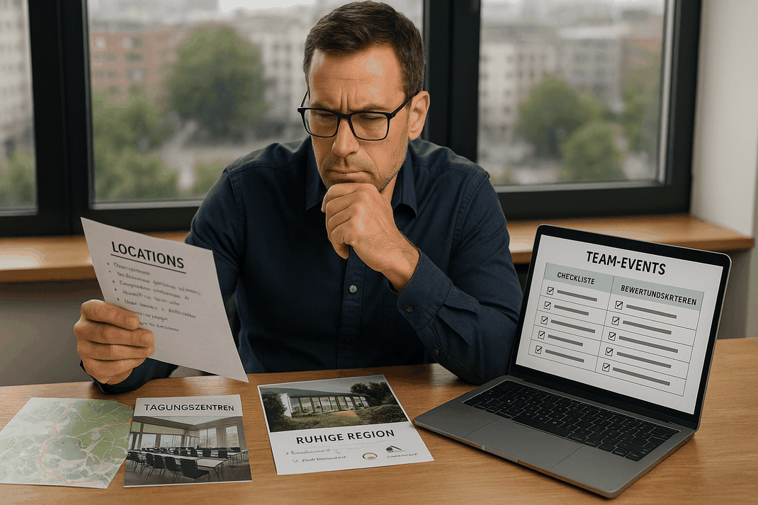 Mann vergleicht verschiedene Tagungszentren und ruhige Regionen anhand von Unterlagen und einer Checkliste für Team-Events.