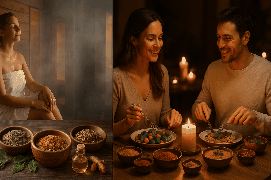 Collage aus Saunagang, ayurvedischen Kräutern und Ölen sowie einem entspannten Abendessen bei Kerzenlicht während eines Wellnessaufenthalts.