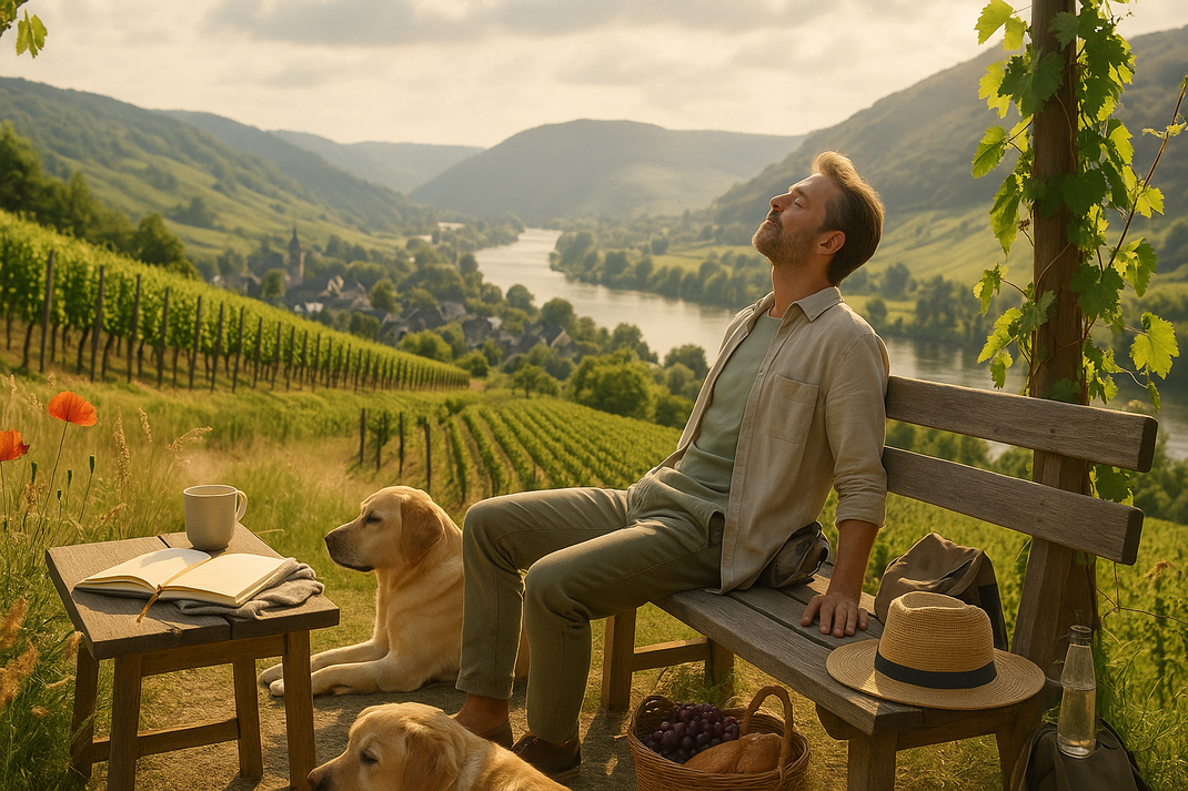 Mann entspannt auf Holzbank in Weinbergen mit Blick ins Flusstal, Hund liegt daneben, Picknicktisch mit Buch und Tasse im Vordergrund.