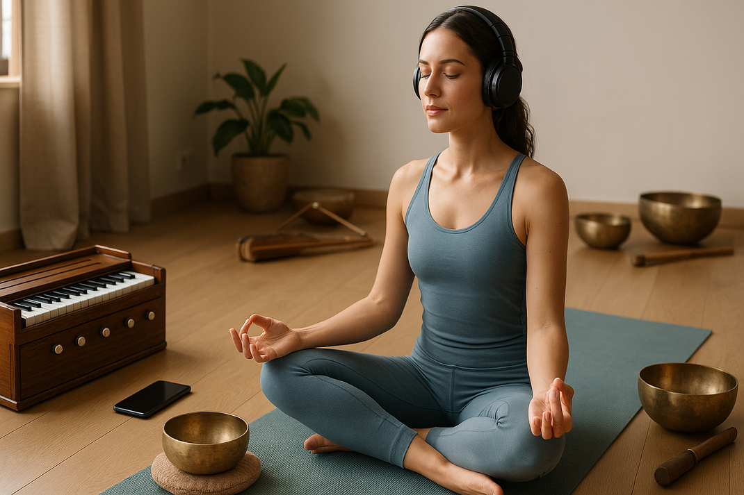 Eine Person praktiziert Yoga auf einer Matte in einem ruhigen, hell erleuchteten Raum mit sanften Klängen, die Entspannung und innere Ruhe ausstrahlen.