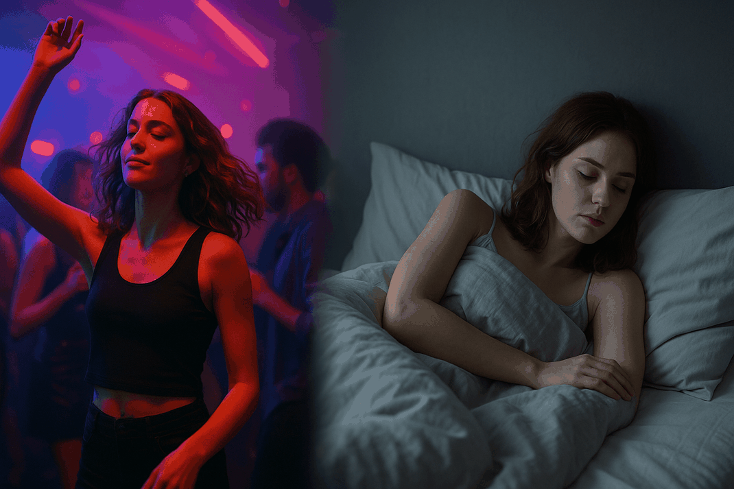 Split-Screen oder Kontrast-Szenario: links buntes chaotisches Nachtleben mit Party, Menschen, Neonlicht, Aktivität (scharf fokussiert); rechts stille isolierte Szene mit Figur im Bett, Einsamkeit, gedämpfte Grautöne, Medikamente.