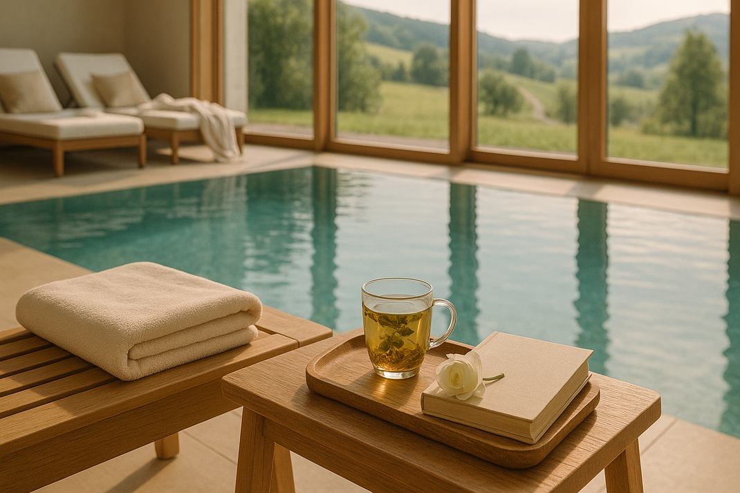 Innenpool mit Blick ins Grüne durch große Fenster, davor Handtuch, Tasse Tee und Buch auf Holztablett