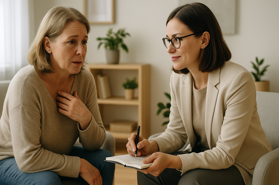 Pflegende Angehörige führt offenes Gespräch mit Therapeutin in hellem, freundlichem Raum, beide wirken konzentriert und vertrauensvoll, symbolisiert professionelle Unterstützung und Austausch