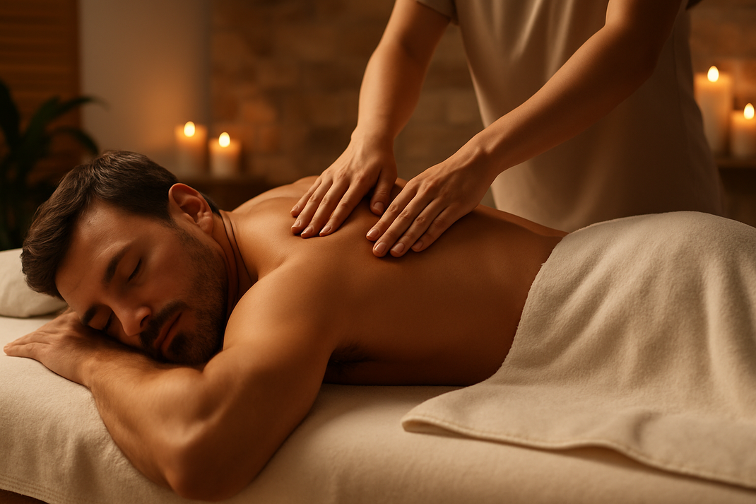 Mann liegt auf einer Liege und erhält eine Rückenmassage bei warmem Kerzenlicht.