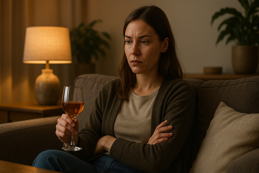 Entspannter Mensch am Feierabend in warmer, ruhiger Wohnumgebung mit gedimmtem Licht, sitzt achtsam und friedlich ohne Alkohol