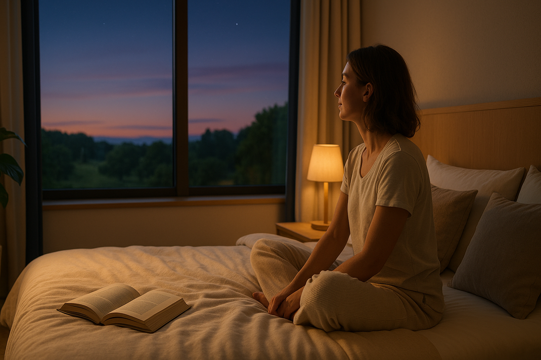 Gästin sitzt abends auf dem Bett mit Blick ins Grüne – entspannter Tagesausklang im Parkhotel Schillerhain in der Pfalz.