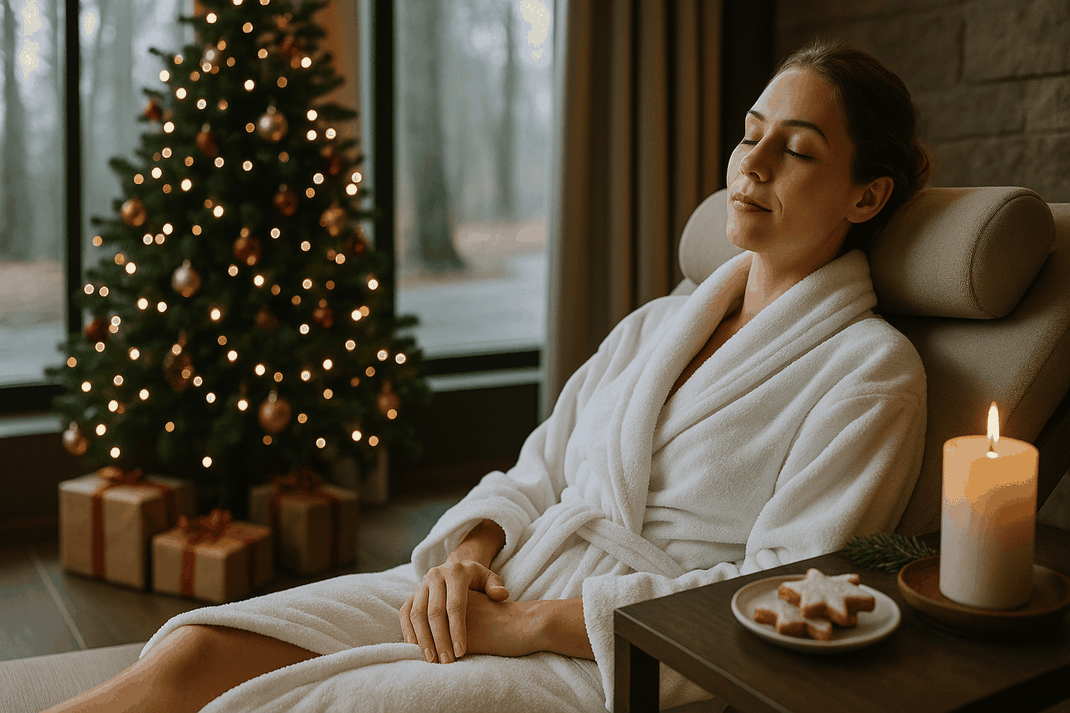 Frau in elegantem Spa-Bereich mit Sauna und Ruheräumen, warmes Kerzenlicht, verschneite Winterlandschaft, entspannte Atmosphäre, Weihnachtsbaum
