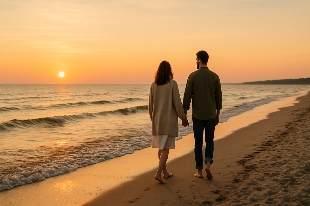 Paar geht barfuß Hand in Hand am Strand entlang bei Sonnenuntergang.